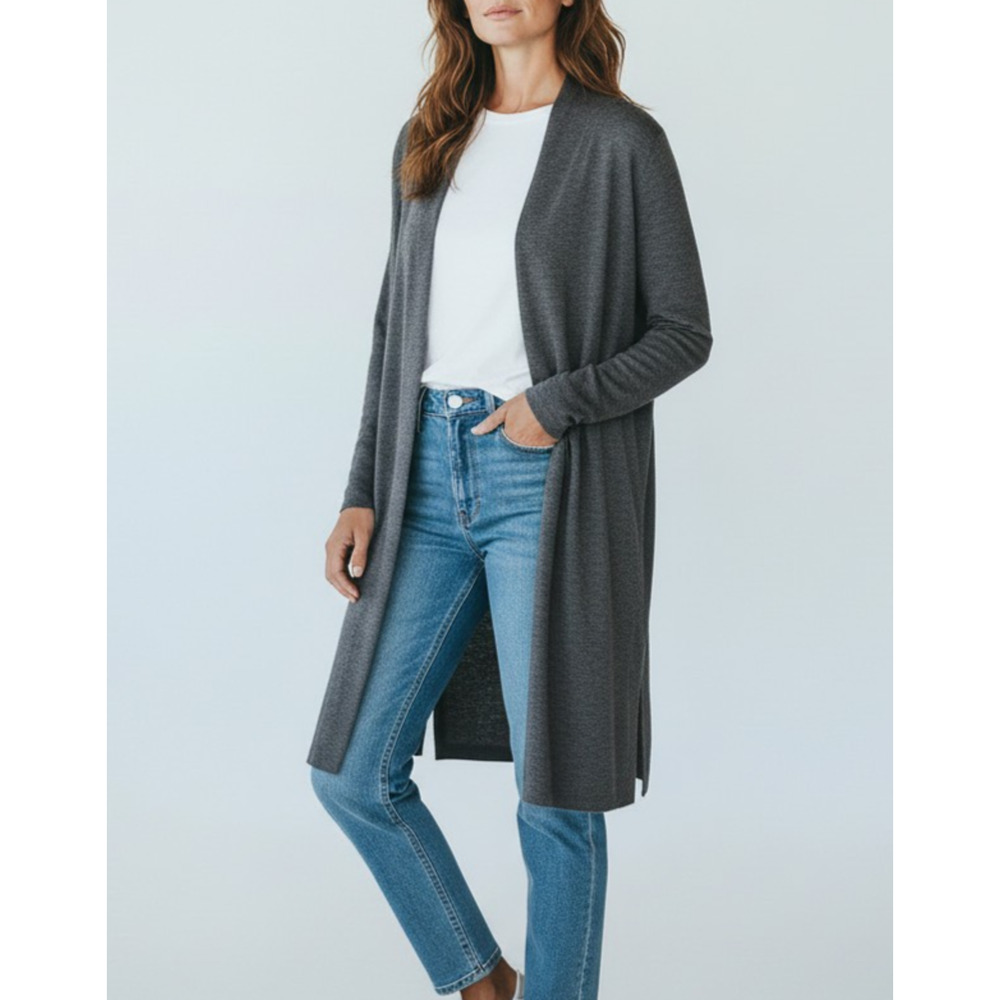 A8 Auth EILEEN FISHER 100% Merino Wool Straight Long Open Front Cardigan Size M - Picture 1 of 6